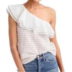 J Crew Women's Eyelet Lace One-Shoulder Ivory Ruffle Top Sz 0